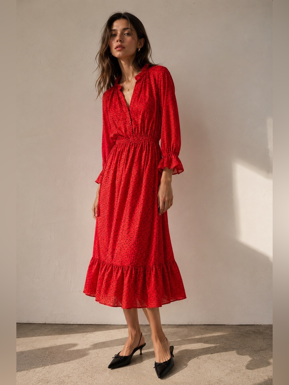 Zara Red Black Polka Dot Spot Chiffon Tiered Midi Dress